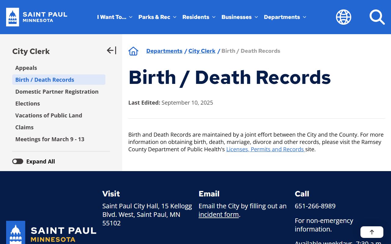 St. Paul City Clerk birth and death records page directing to Ramsey County