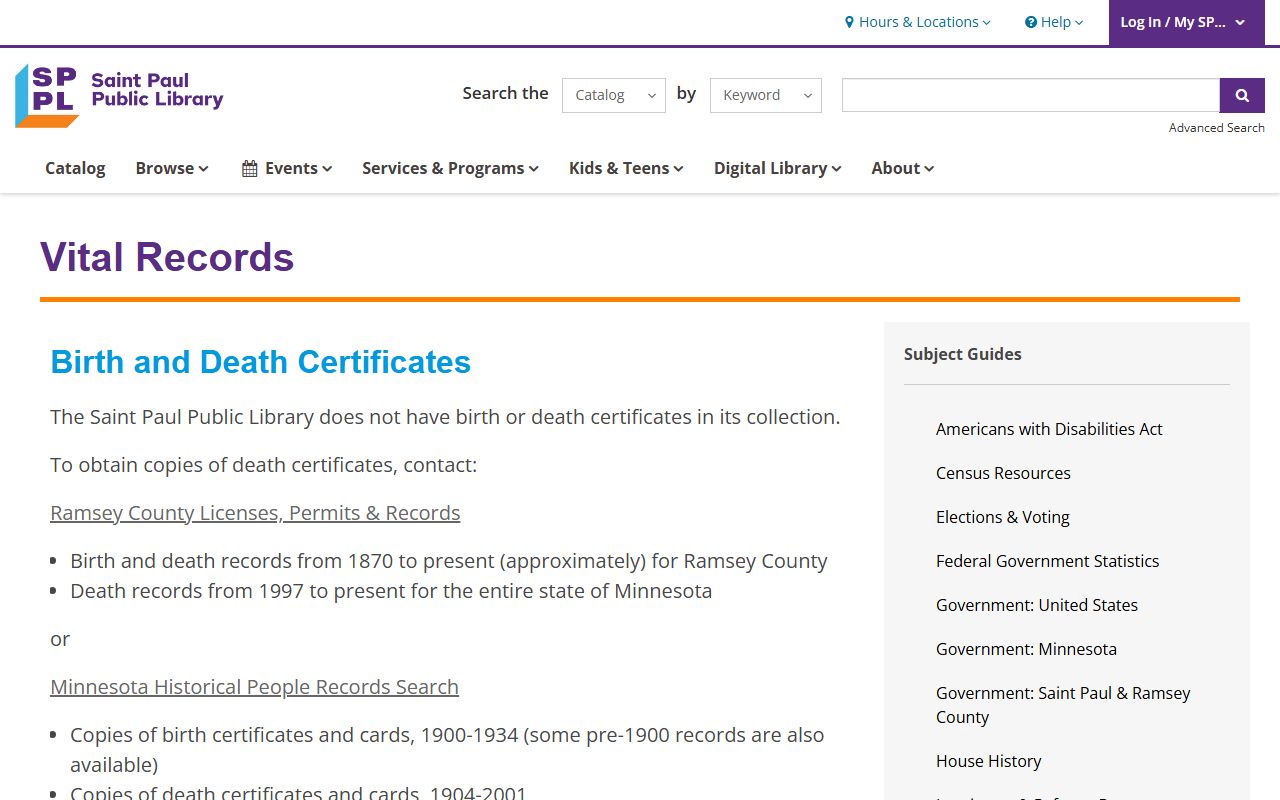 Saint Paul Public Library vital records research page for death index searches