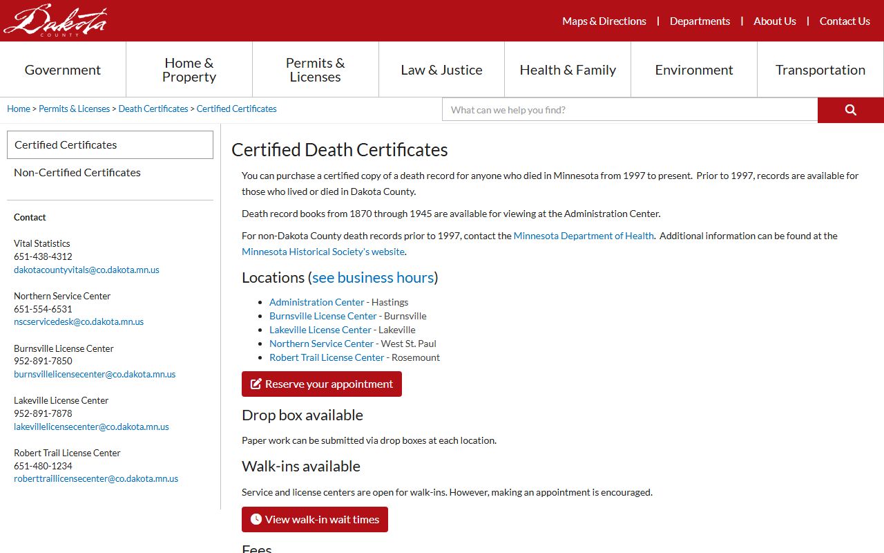 dakota county certified death certificates vital records