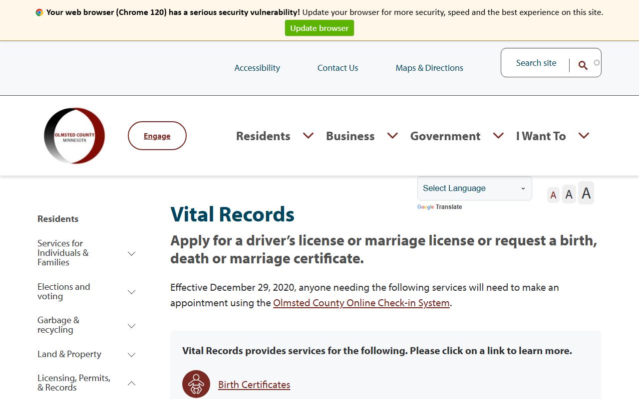 Olmsted County vital records main page with death certificate options