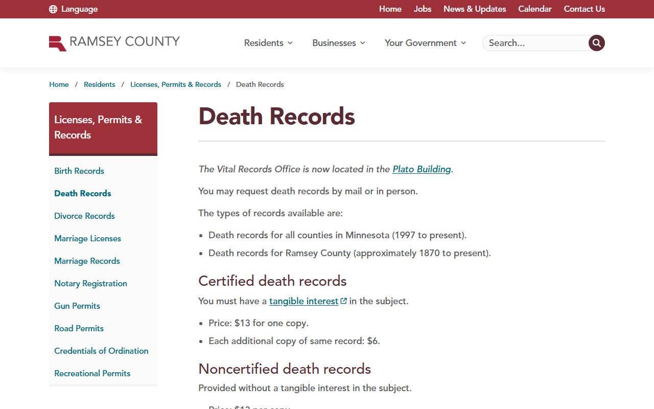 Ramsey County death records request page