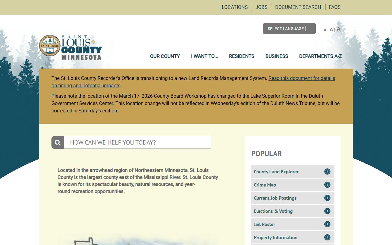 Minnesota Department of Health death records page for St. Louis County