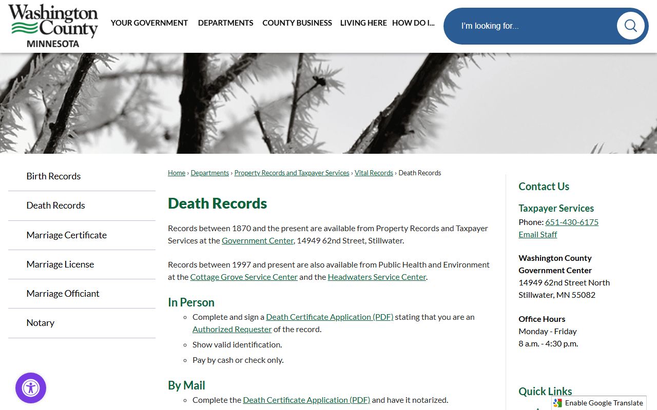 Washington County death records page