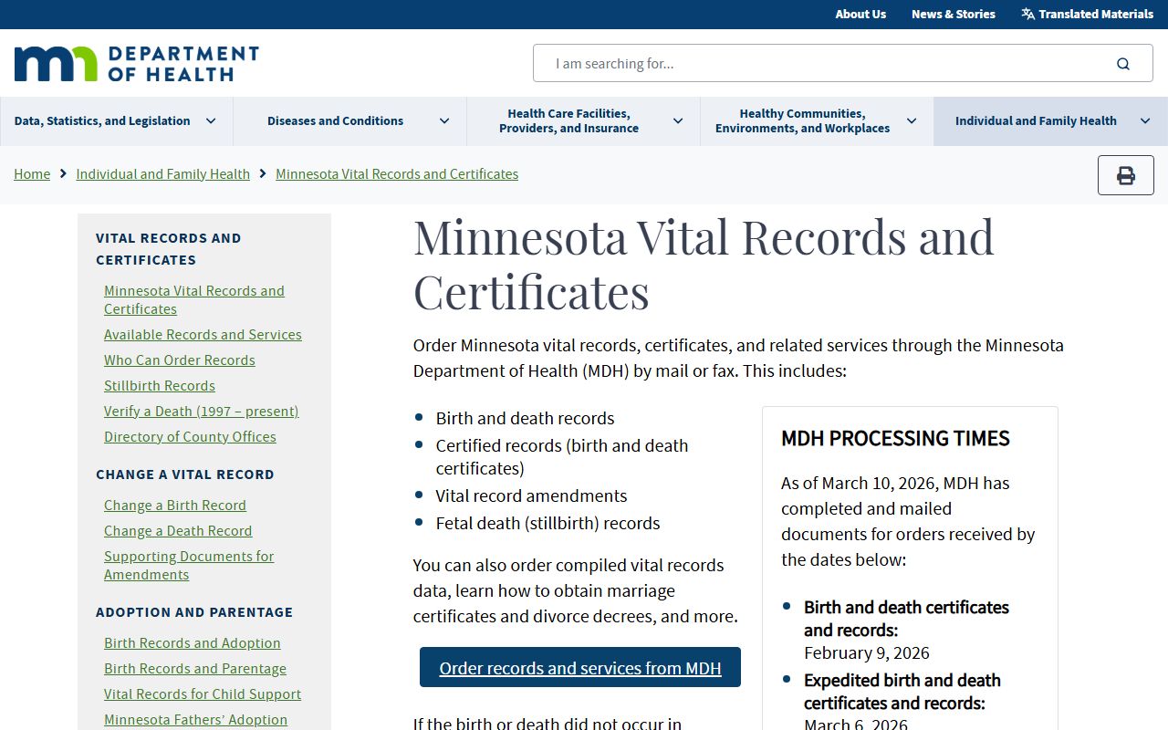 Minnesota Department of Health Death Records main page