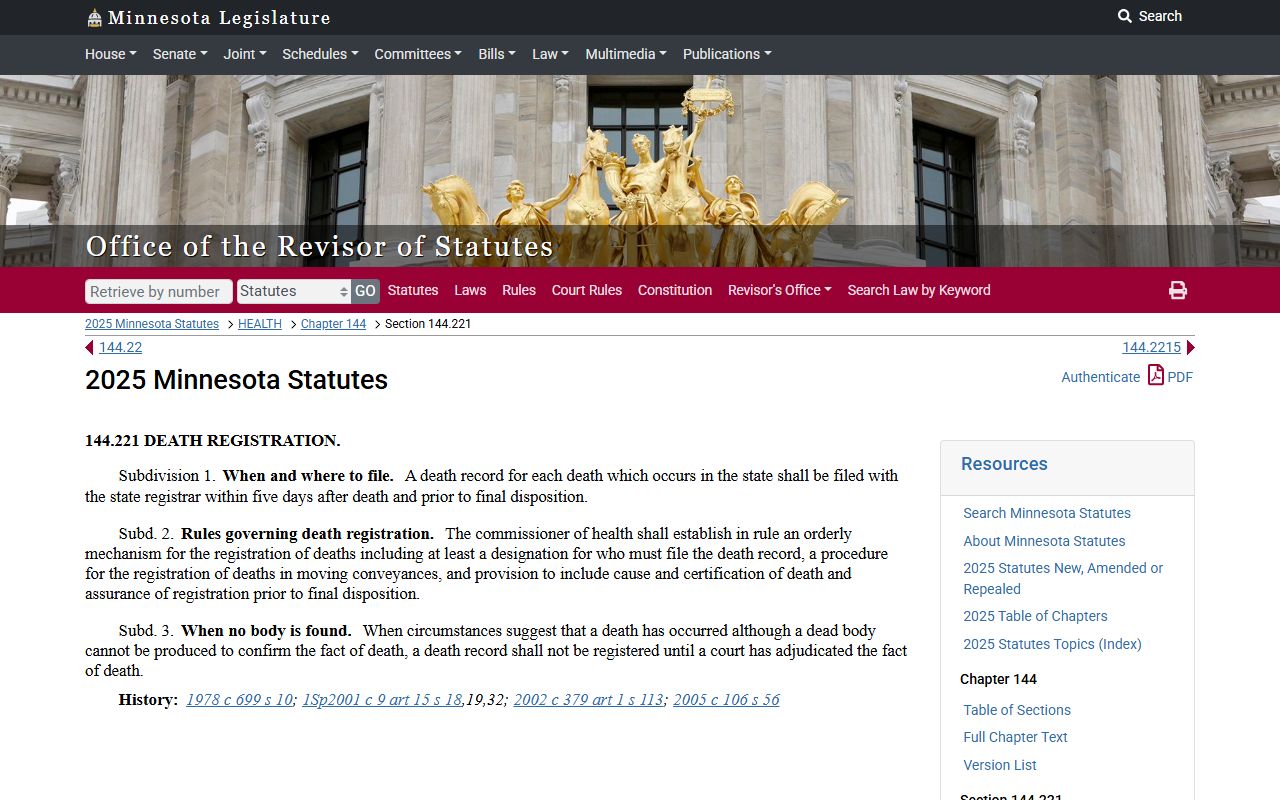 Minnesota Statute 144.221 death registration law page