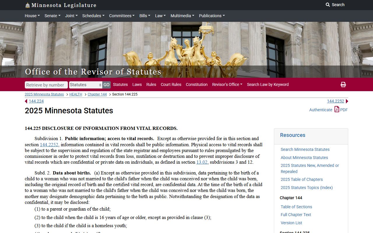 Minnesota Statute 144.225 vital records disclosure law page