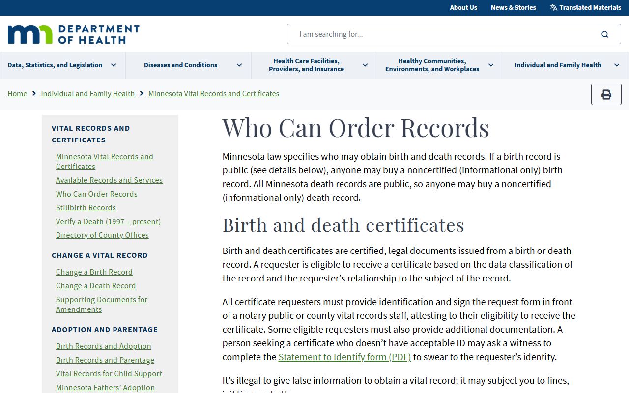 Minnesota Department of Health who can order vital records eligibility page